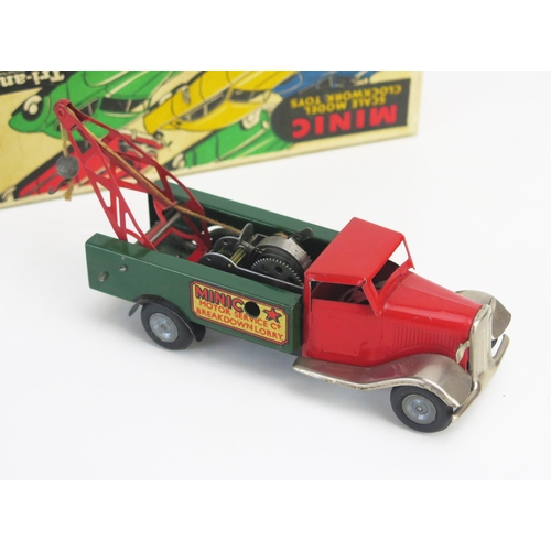 256 - Tri-ang Minic Tinplate Clockwork Breakdown Lorry with red cab and crane arm, dark green rear, chrome... 