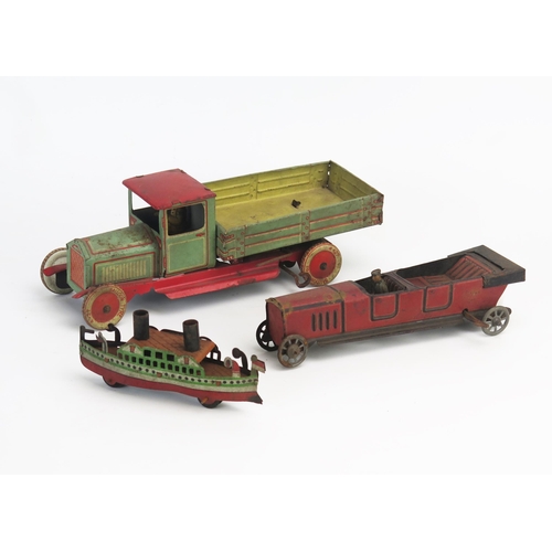 257 - Early Tinplate Trio Including elongated touring car penny toy (possibly by George Fischer), tipping ... 