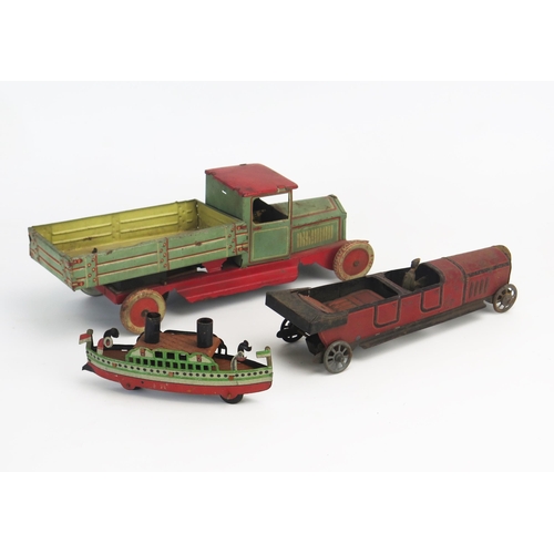 257 - Early Tinplate Trio Including elongated touring car penny toy (possibly by George Fischer), tipping ... 