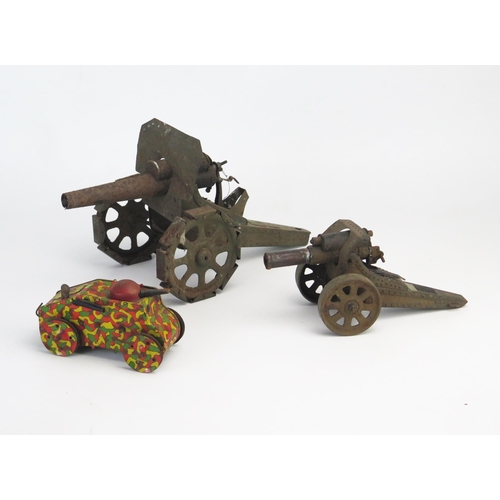 259 - Military Tinplate Trio including Bing Artillery Gun, Marx Tank and another larger artillery gun