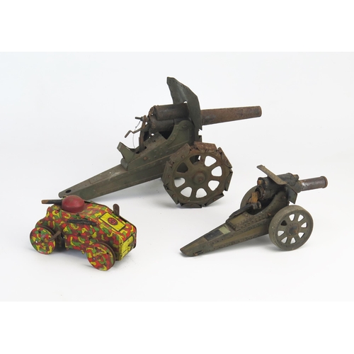 259 - Military Tinplate Trio including Bing Artillery Gun, Marx Tank and another larger artillery gun