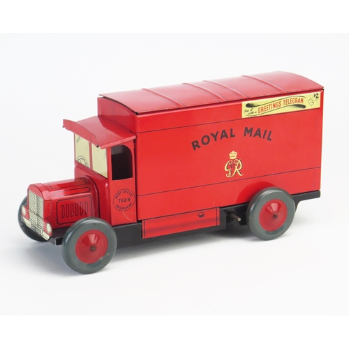 Rare Chad Valley Clockwork Tinplate Royal Mail Van CV 1032 in red "ROYAL MAIL" and "GR VI" crest to sides, "POST OFFICE 7624 HARBORNE" to one door an "POST EARLY IN THE DAY" and "Say it with a GREETINGS TELEGRAM", rear opening door and sliding roof, (25.5cm) - lovely bright example, generally excellent with some minor wear (working), please note there are couple touch-ups (see last two photos)