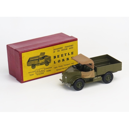 268 - Britains No. 1877 Beetle Lorry in khaki green with tan roof and doors, driver and black rubber tyres... 