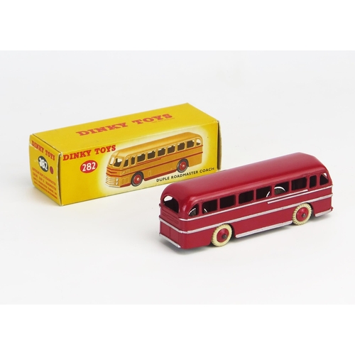 270 - Dinky 282 (29H) Duple Roadmaster Leyland Royal Tiger Coach in red with silver stripes, red ridged hu... 