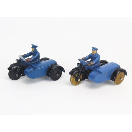 276 - Dinky 43b RAC Motorcycle Patrol Pair both black and blue, one with pre-war solid white rubber tyres,... 