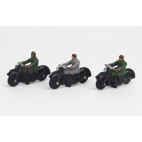 278 - Dinky 37a Civilian Motorcycle trio, all black with solid black rubber wheels, x2 with green riders, ... 