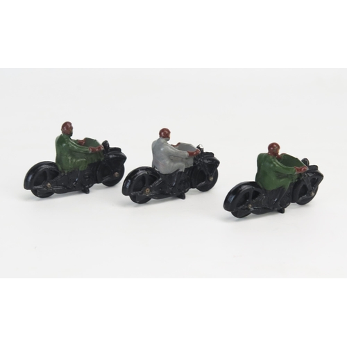 278 - Dinky 37a Civilian Motorcycle trio, all black with solid black rubber wheels, x2 with green riders, ... 