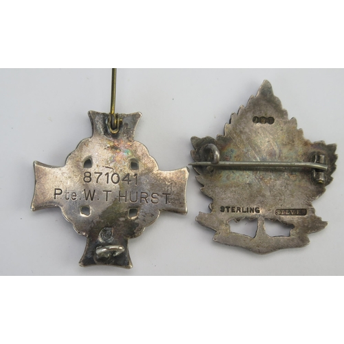 308 - A Canadian Memorial Cross to 871041 Pte. W T Hurst, lacks suspension and converted to a pinned badge... 