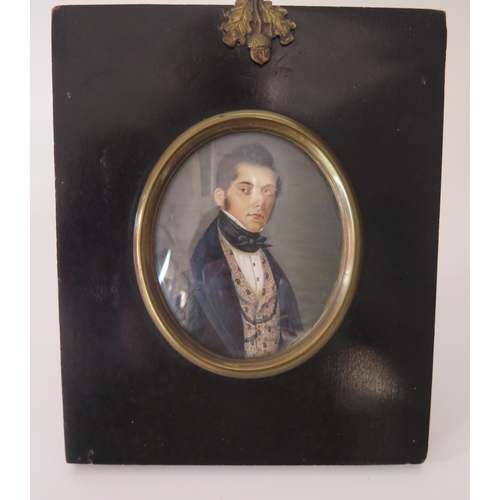 326 - A 19th century French School miniature portrait on ivory of a gentleman, with black cravat, embroide... 