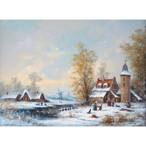 341 - Gudrun Sibbons (1924 - 2020) German artist, continental snowy village scene, oil on board, signed lo... 