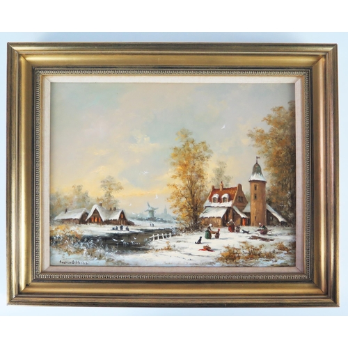 341 - Gudrun Sibbons (1924 - 2020) German artist, continental snowy village scene, oil on board, signed lo... 