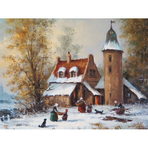 341 - Gudrun Sibbons (1924 - 2020) German artist, continental snowy village scene, oil on board, signed lo... 