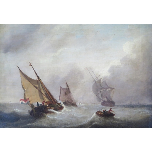 342 - A c19th unsigned maritime scene on stormy seas, oil on canvas, image size 43 x 31cm, framed