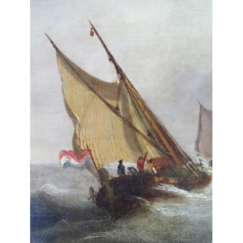 342 - A c19th unsigned maritime scene on stormy seas, oil on canvas, image size 43 x 31cm, framed