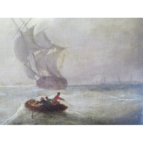 342 - A c19th unsigned maritime scene on stormy seas, oil on canvas, image size 43 x 31cm, framed