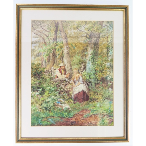 343 - H J Hosking? Large c19th watercolour of a woodland picnic scene, 57 x 44cm, F & G