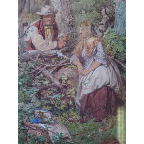 343 - H J Hosking? Large c19th watercolour of a woodland picnic scene, 57 x 44cm, F & G