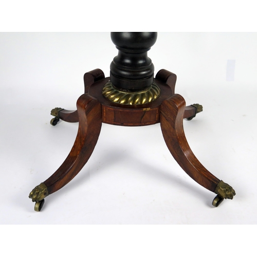 355 - A 19th century rosewood card table, the hinged crossbanded top of D-shaped outline with baize lined ... 