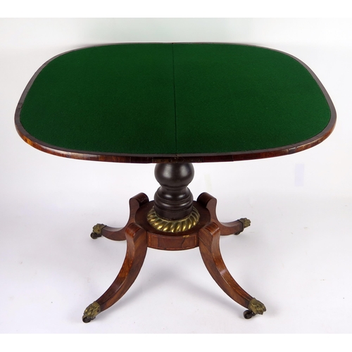 355 - A 19th century rosewood card table, the hinged crossbanded top of D-shaped outline with baize lined ... 