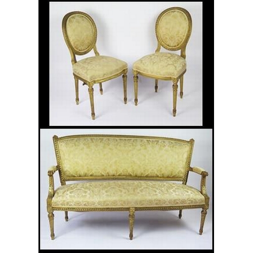 358 - A Louis XVI style part salon suite includes canapé and two side chairs, the canapé with curved top r... 