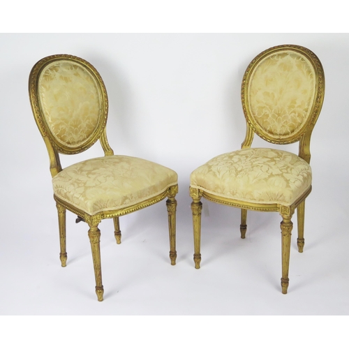 358 - A Louis XVI style part salon suite includes canapé and two side chairs, the canapé with curved top r... 