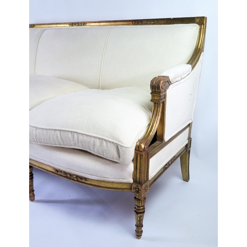 359 - A 19th century Louis XVI style gilt wood canapé, straight top rail and padded back, with padded scro... 