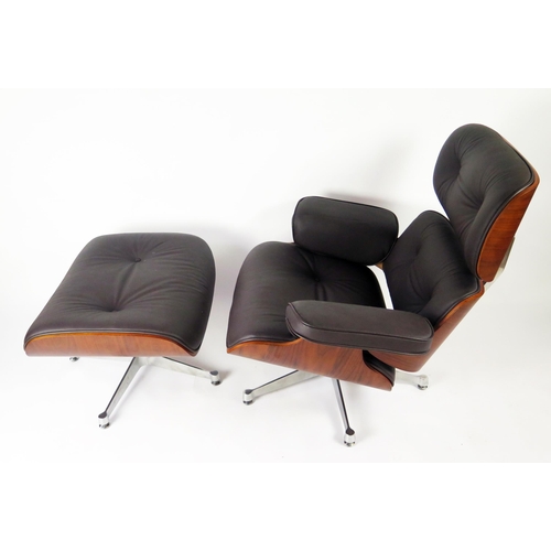 369 - An Eames style swivel armchair, with button down upholstered back and stuff over seat, with padded a... 