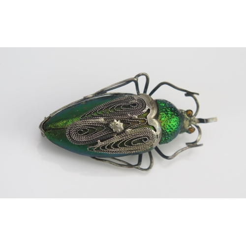 45 - A 'Jewel' Beetle (Buprestidae) Iridescent Brooch with silver filigree mount, 50.3mm