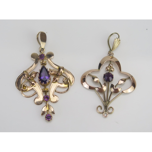 48 - Two Modern 9ct Gold and Amethyst Pendants, largest 40.3mm drop, both stamped 9CT, 3.22g