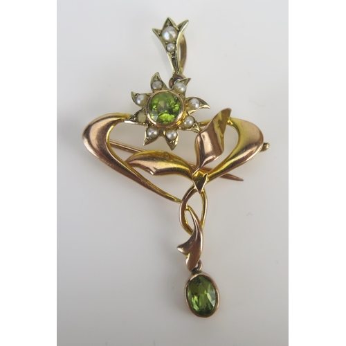 5 - An Antique 9ct Gold, Peridot and Seed Pearl or Cultured Seed Pearl Pendant / Brooch, c. 41mm drop, S... 
