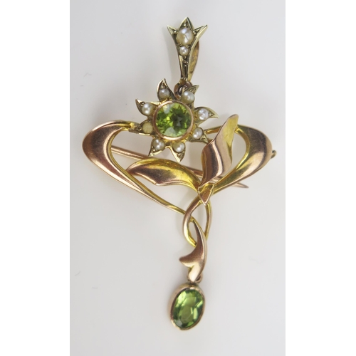 5 - An Antique 9ct Gold, Peridot and Seed Pearl or Cultured Seed Pearl Pendant / Brooch, c. 41mm drop, S... 