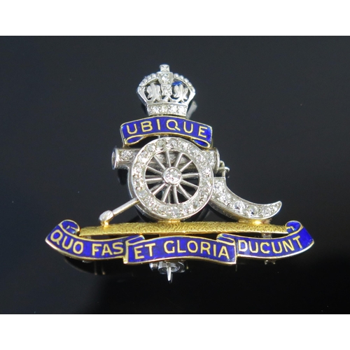 61 - A Fine Royal Artillery Diamond and Enamel Brooch in a precious white and yellow metal setting, with ... 