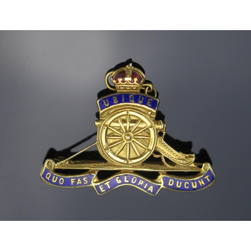 63 - A Royal Artillery 9ct Gold and Enamel Brooch, with the Latin motto UBIQUE QUO FASET GLORIA DUCUNT (E... 