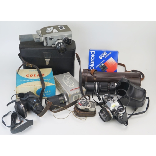 1053 - Collection of Camera and Film Equipment including Olympus OM10, Mayfair Sankor 200mm Telephoto lens,... 