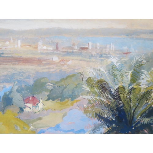 1087 - Continental Coastal Town Landscape, gouache, image size 50.5x34cm, framed & glazed, a landscape past... 