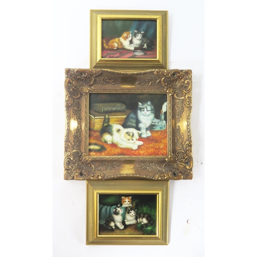 1091 - Brights of Nettlebed, kittens, oil on board, 24x19cm, gilt framed and two small kitten studies