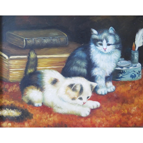 1091 - Brights of Nettlebed, kittens, oil on board, 24x19cm, gilt framed and two small kitten studies