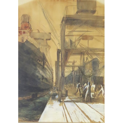 1098 - Loading the Ocean Liner, watercolour, 36x26cm, framed & glazed