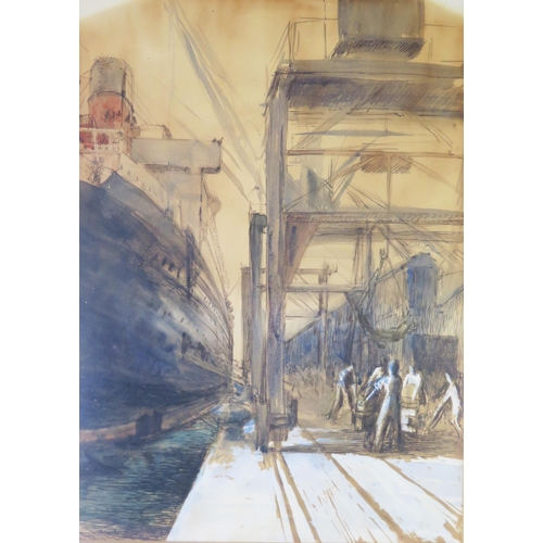 1098 - Loading the Ocean Liner, watercolour, 36x26cm, framed & glazed