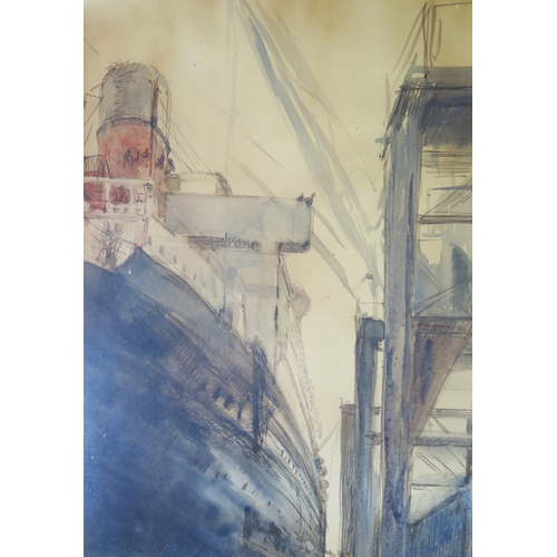 1098 - Loading the Ocean Liner, watercolour, 36x26cm, framed & glazed