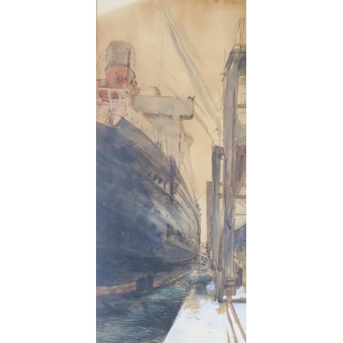 1098 - Loading the Ocean Liner, watercolour, 36x26cm, framed & glazed