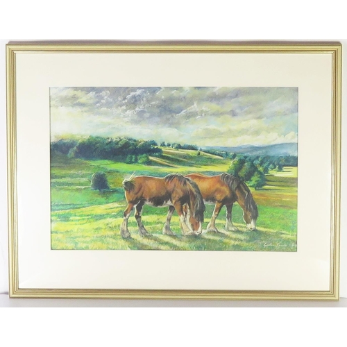 1102 - Graham Young? Shire Horses Grazing, gouache, 53x35cm, framed & glazed