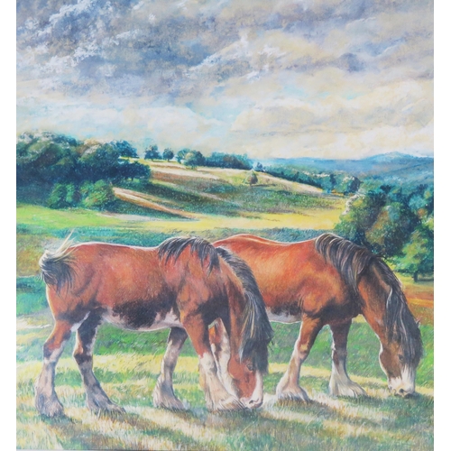 1102 - Graham Young? Shire Horses Grazing, gouache, 53x35cm, framed & glazed