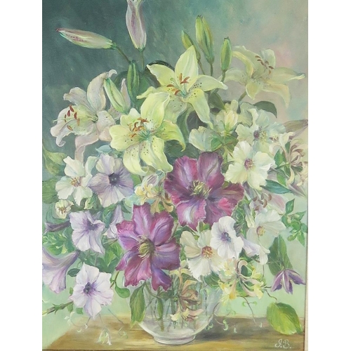 1104 - Jennie Bayman 1996, 'Summer Flowers 1996', oil on canvas, signed and labels verso, 44x34cm, framed