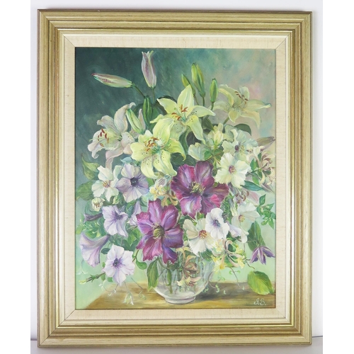 1104 - Jennie Bayman 1996, 'Summer Flowers 1996', oil on canvas, signed and labels verso, 44x34cm, framed