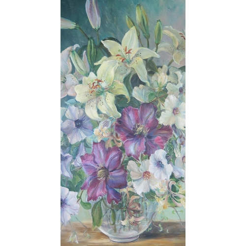 1104 - Jennie Bayman 1996, 'Summer Flowers 1996', oil on canvas, signed and labels verso, 44x34cm, framed