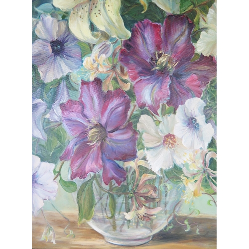 1104 - Jennie Bayman 1996, 'Summer Flowers 1996', oil on canvas, signed and labels verso, 44x34cm, framed