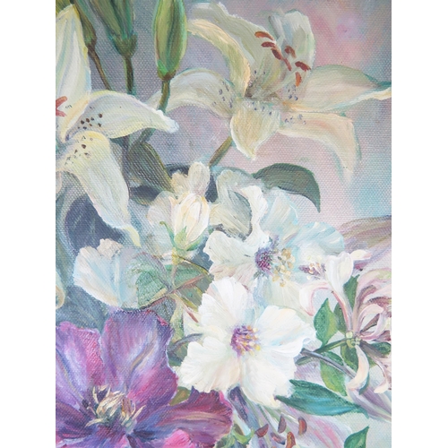 1104 - Jennie Bayman 1996, 'Summer Flowers 1996', oil on canvas, signed and labels verso, 44x34cm, framed