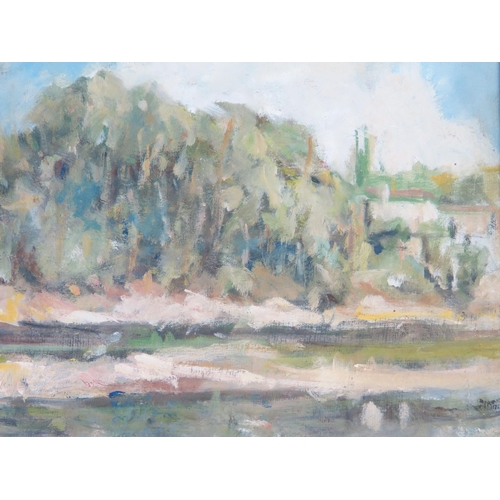 1107 - Tim Showan (1931- 2014) 20th century British artist, Impressionist Continental River Scene, oil on b... 