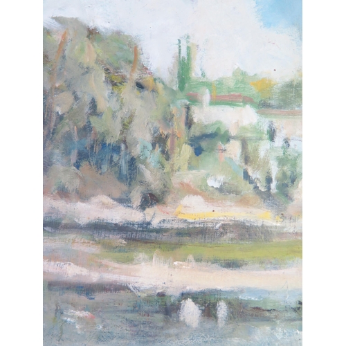 1107 - Tim Showan (1931- 2014) 20th century British artist, Impressionist Continental River Scene, oil on b... 